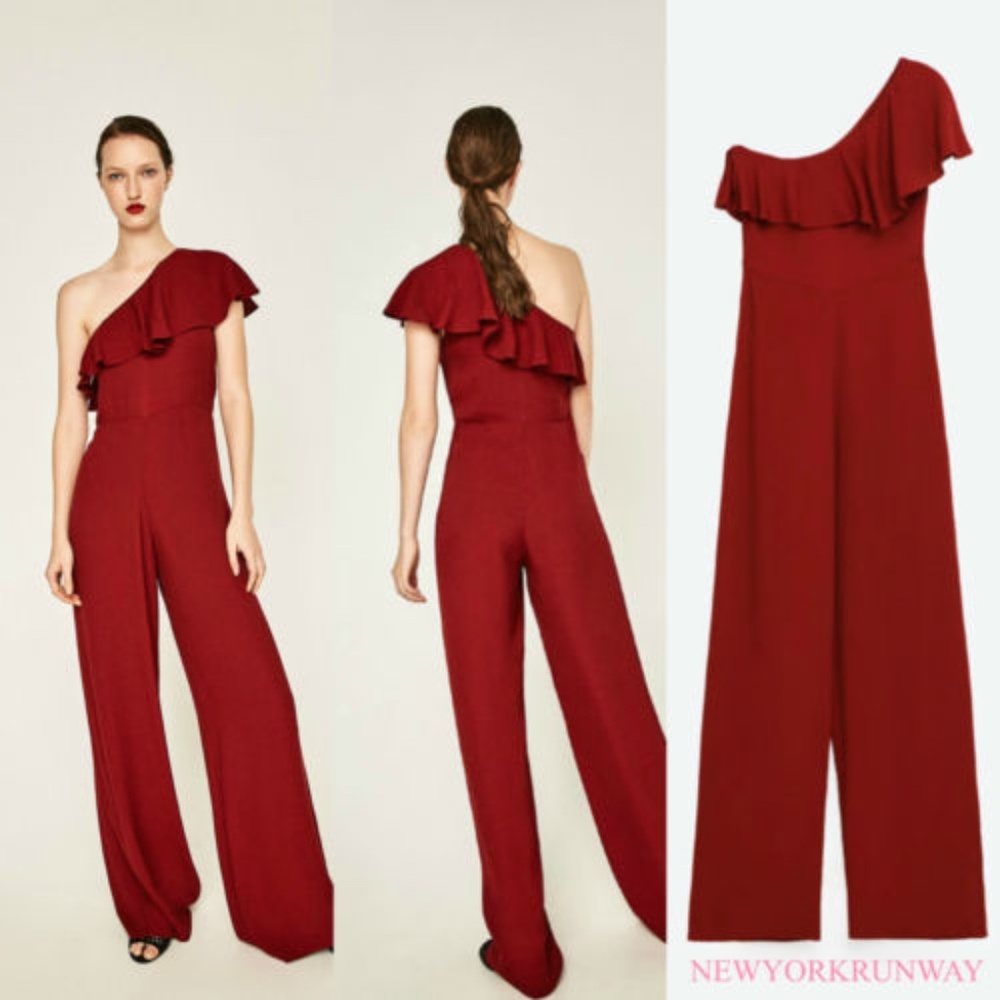 NWT ZARA ONE SHOULDER RUFFLE WIDE LEG JUMPSUIT S